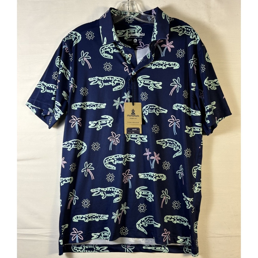 Chubbies The Neon Glade Performance Polo 2.0 Navy Crocodile Palm Tree Mens M NWT